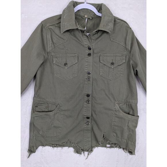 Free People Moonchild Women's Oversized Jacket Size Small Olive Green Distressed - Picture 2 of 15